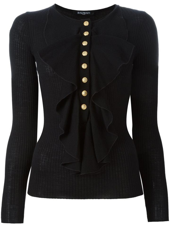 Balmain Ribbed Ruffle Neck Top - Black