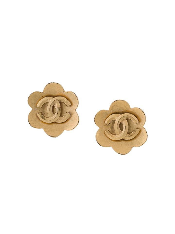 Chanel Vintage Logo Floral Earrings - Metallic