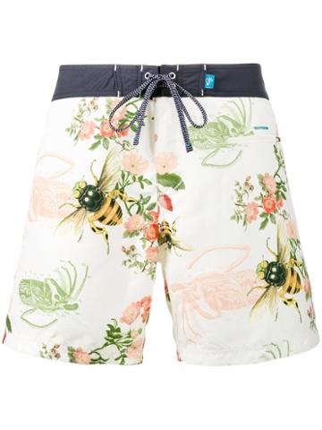 Riz Boardshorts - White Bee Print Burgh Swim Shorts - Men - Polyester - 34, Nude/neutrals, Polyester