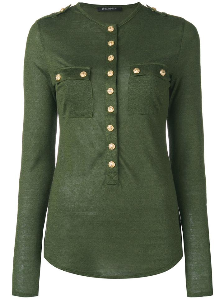 Balmain Button-up Knitted Top, Women's, Size: 36, Green, Linen/flax/viscose