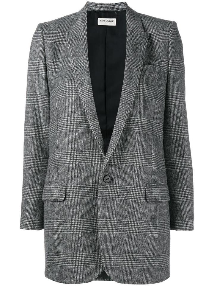 Saint Laurent Prince Of Wales Check Blazer, Women's, Size: 34, Grey, Wool/lamb Skin/cotton/silk