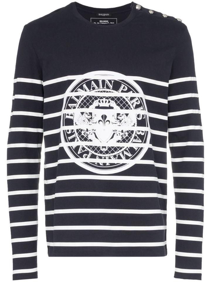 Balmain Striped Logo-print Long-sleeved Cotton T-shirt - Blue
