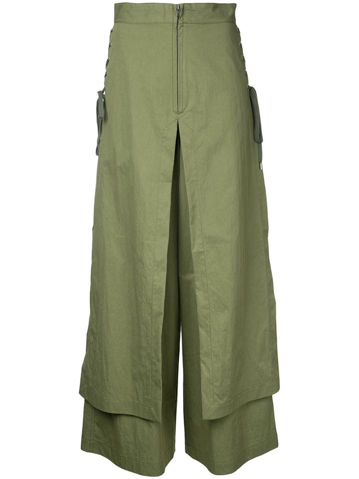 G.v.g.v. - Lace Up Layered Wide Trousers - Women - Cotton/nylon - 36, Green, Cotton/nylon