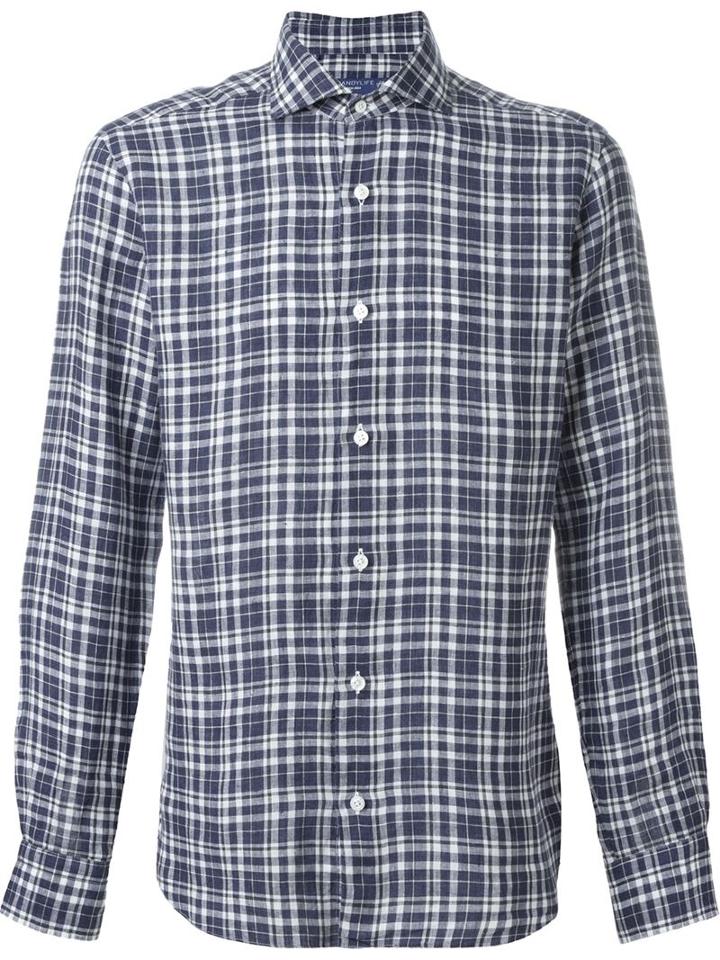 Barba Checked Shirt, Men's, Size: 39, Blue, Linen/flax