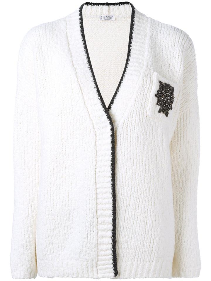 Brunello Cucinelli V-neck Cardigan, Size: Large, Nude/neutrals, Polyamide/spandex/elastane/wool/swarovski Crystal