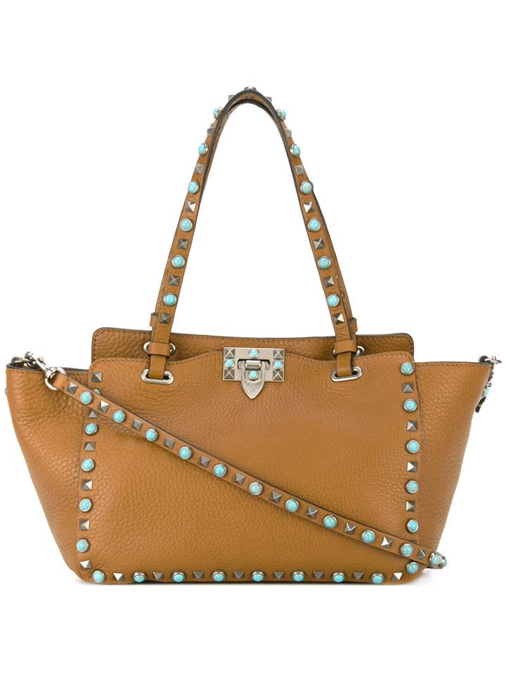 Valentino Valentino Garavani Rockstud Rolling Trapeze Tote, Women's, Brown, Calf Leather