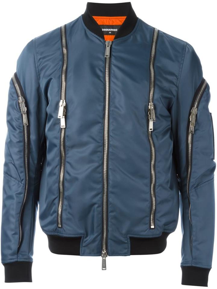 Dsquared2 Zip Detail Bomber Jacket, Men's, Size: 50, Blue, Polyamide/polyurethane/cotton/leather