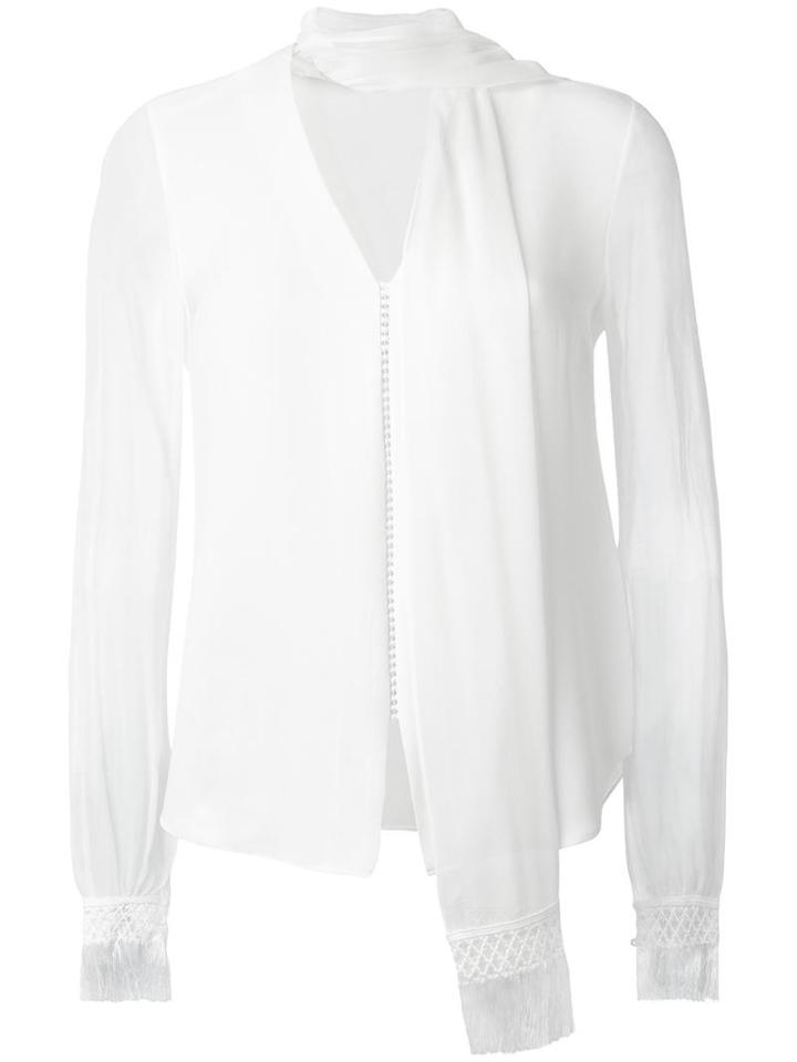 Jonathan Simkhai Fringe V-neck Scarf Blouse, Women's, Size: Large, White, Silk/cotton/viscose/polyamide