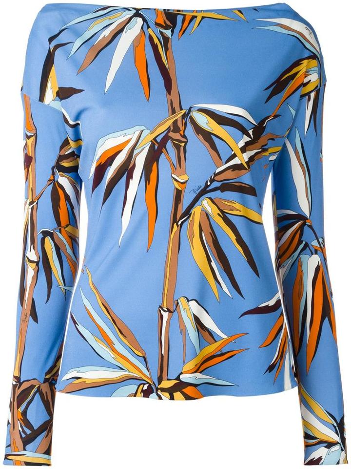 Emilio Pucci Leaves Print Boatneck T-shirt, Women's, Size: 44, Blue, Viscose/silk