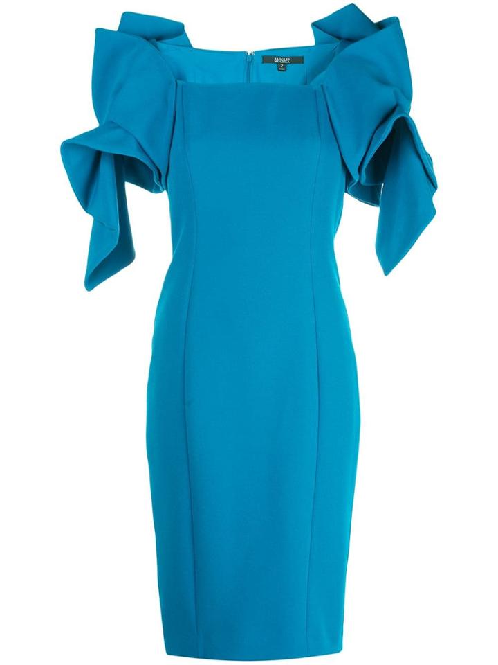 Badgley Mischka Ruffled Shoulders Fitted Dress - Blue