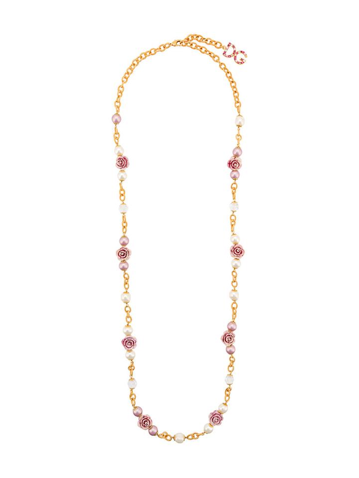 Dolce & Gabbana Rose And Faux Pearl Long Necklace - Metallic