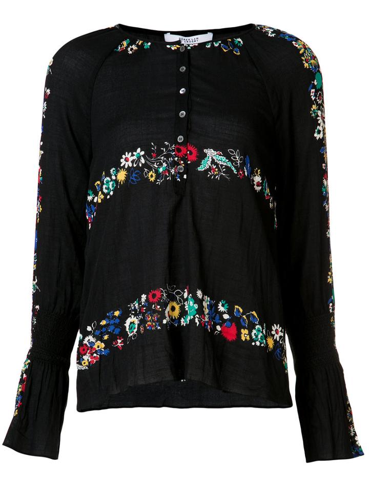 Derek Lam 10 Crosby Floral Long Sleeved Henley, Women's, Size: 4, Black, Cotton
