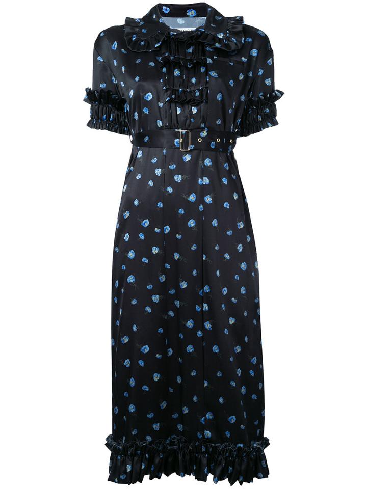 Akiko Aoki - Floral Print Pleated Dress - Women - Polyester - M, Blue, Polyester