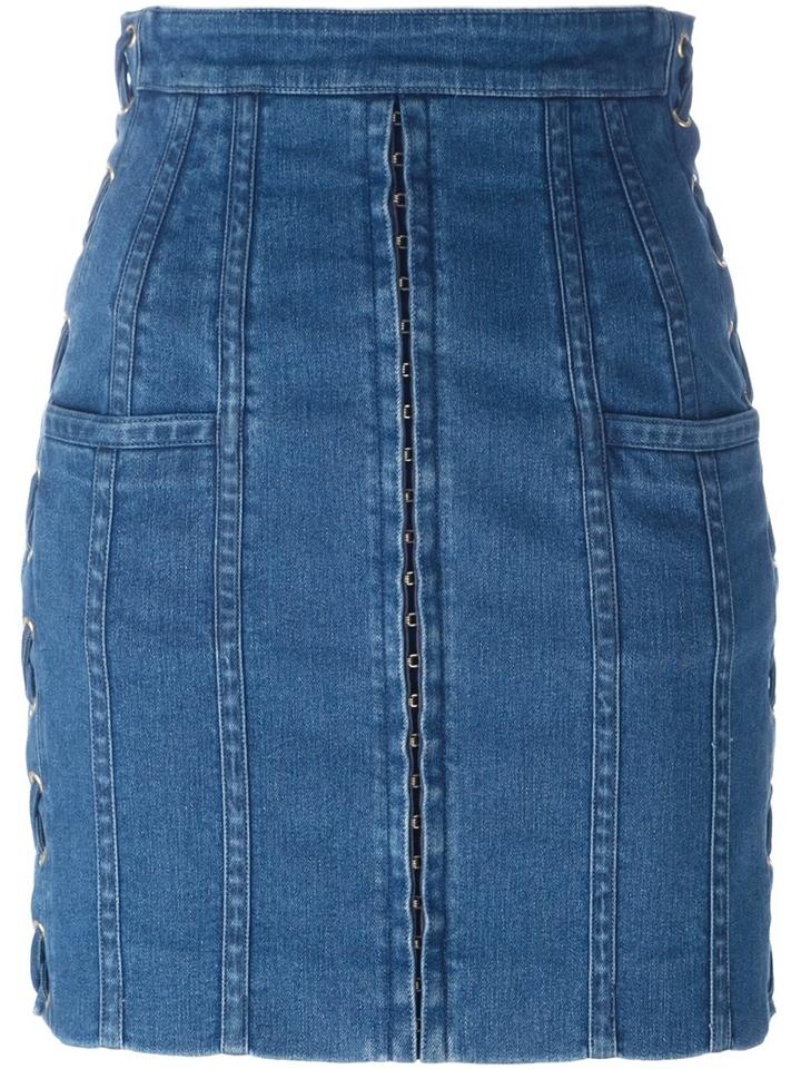 Balmain Stitching Detail Denim Skirt, Women's, Size: 38, Blue, Cotton/spandex/elastane/viscose