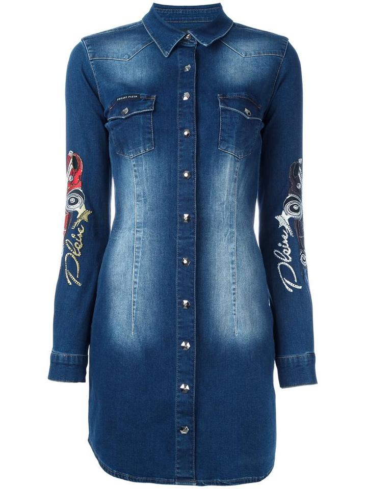 Philipp Plein Embroidered Denim Shirt Dress, Women's, Size: Medium, Blue, Cotton/spandex/elastane