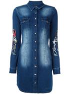 Philipp Plein Embroidered Denim Shirt Dress, Women's, Size: Medium, Blue, Cotton/spandex/elastane