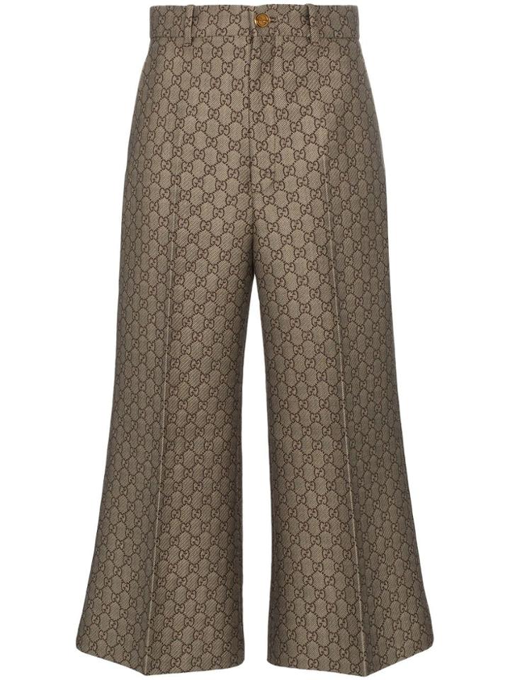 Gucci Gg Jacquard Wide Leg Cotton Wool Blend Trousers - Brown