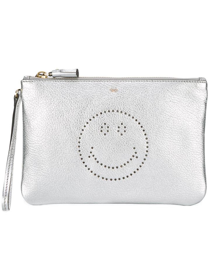 Anya Hindmarch Smiley Zipped Clutch, Women's, Grey, Goat Skin