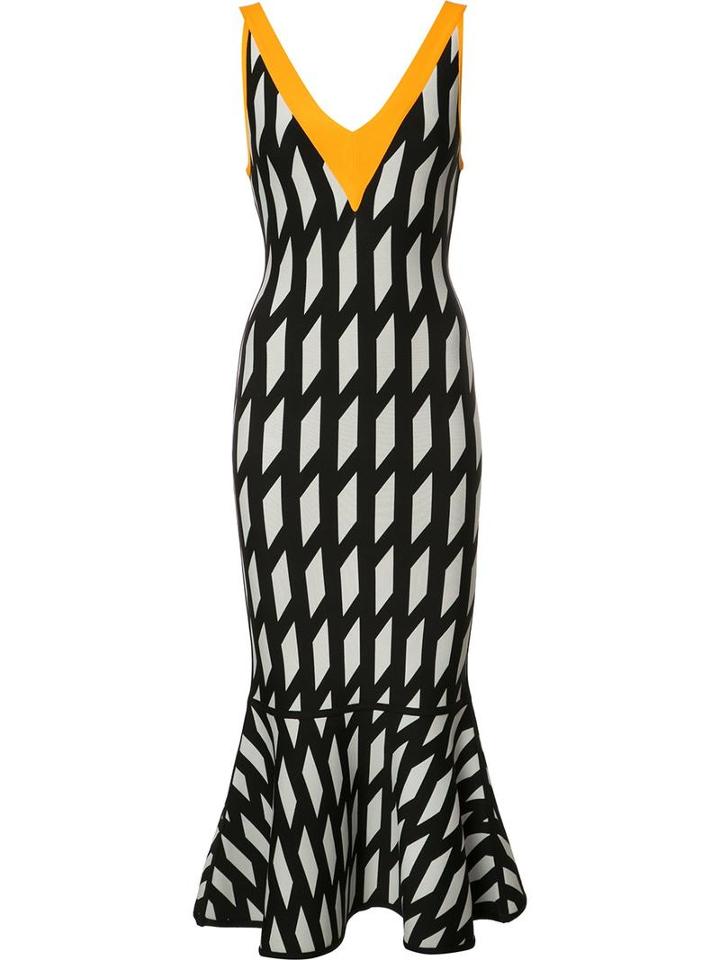 David Koma Geometric Print V-neck Dress, Women's, Size: Medium, Yellow/orange, Rayon/nylon/spandex/elastane