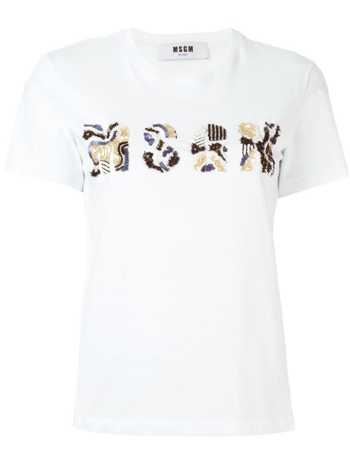 Msgm Beaded Logo T-shirt, Women's, Size: Medium, White, Cotton