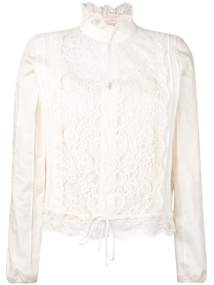 See By Chloé - Lace Victorian Neck Blouse - Women - Cotton - 40, Women's, Nude/neutrals, Cotton