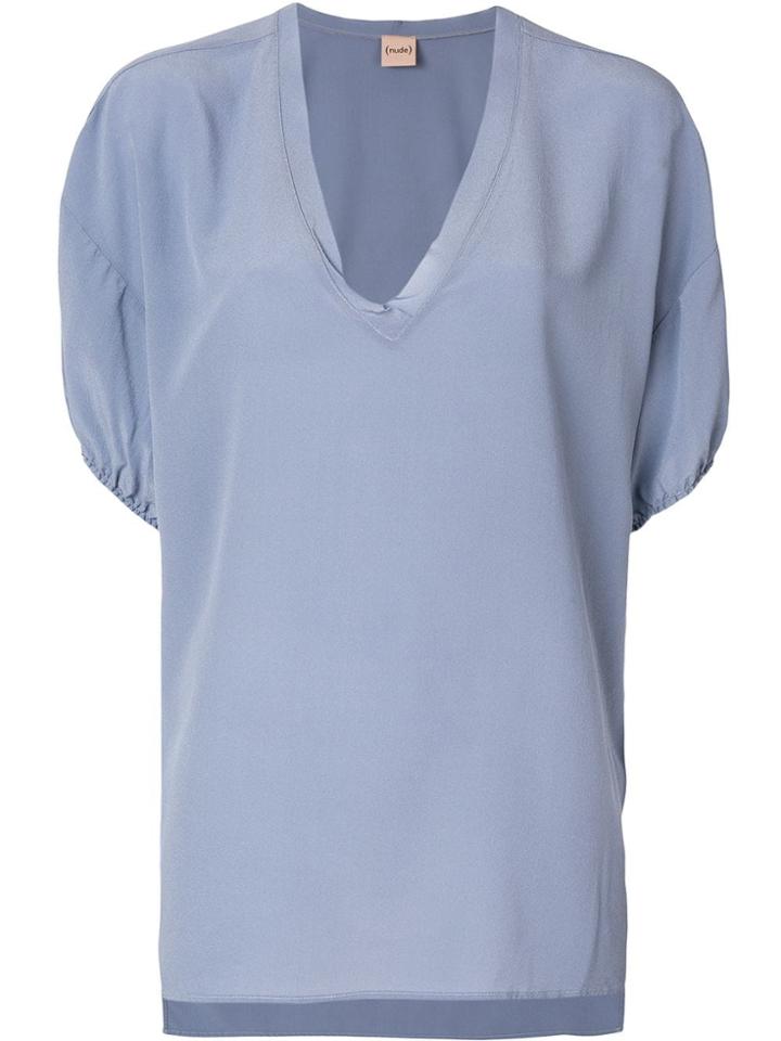 Nude Deep V-neck Fluid Blouse - Blue