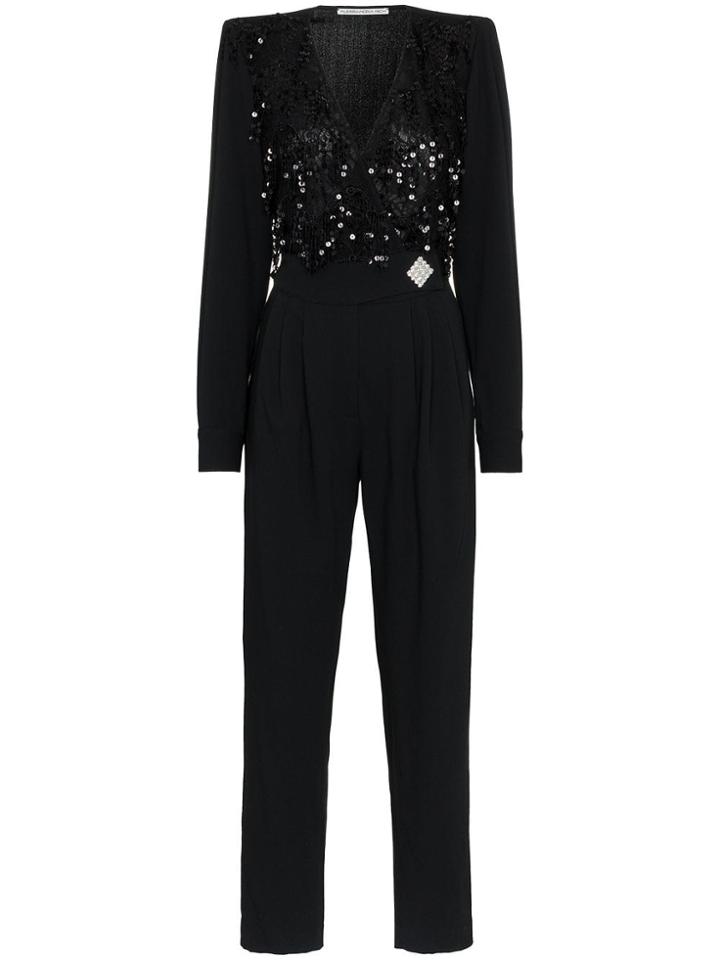 Alessandra Rich Sequin Embellished Lace Wool Blend Jumpsuit - Black
