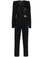 Alessandra Rich Sequin Embellished Lace Wool Blend Jumpsuit - Black