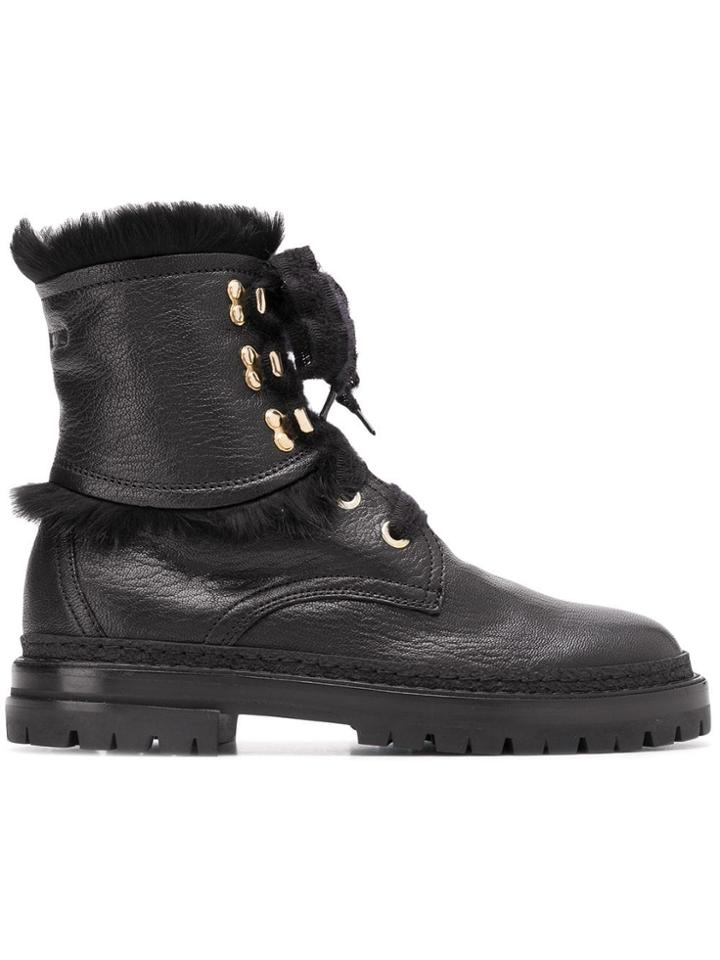 Agl Fur-trimmed Lace-up Boots - Black