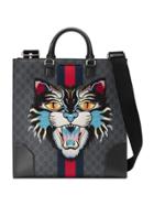 Gucci Gg Supreme Tote With Embroidered Angry Cat - Black