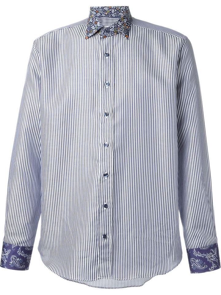 Etro Floral Details Striped Shirt, Men's, Size: 40, Blue, Cotton/linen/flax