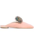 Elie Saab Embellished Pom Pom Mules - Nude & Neutrals
