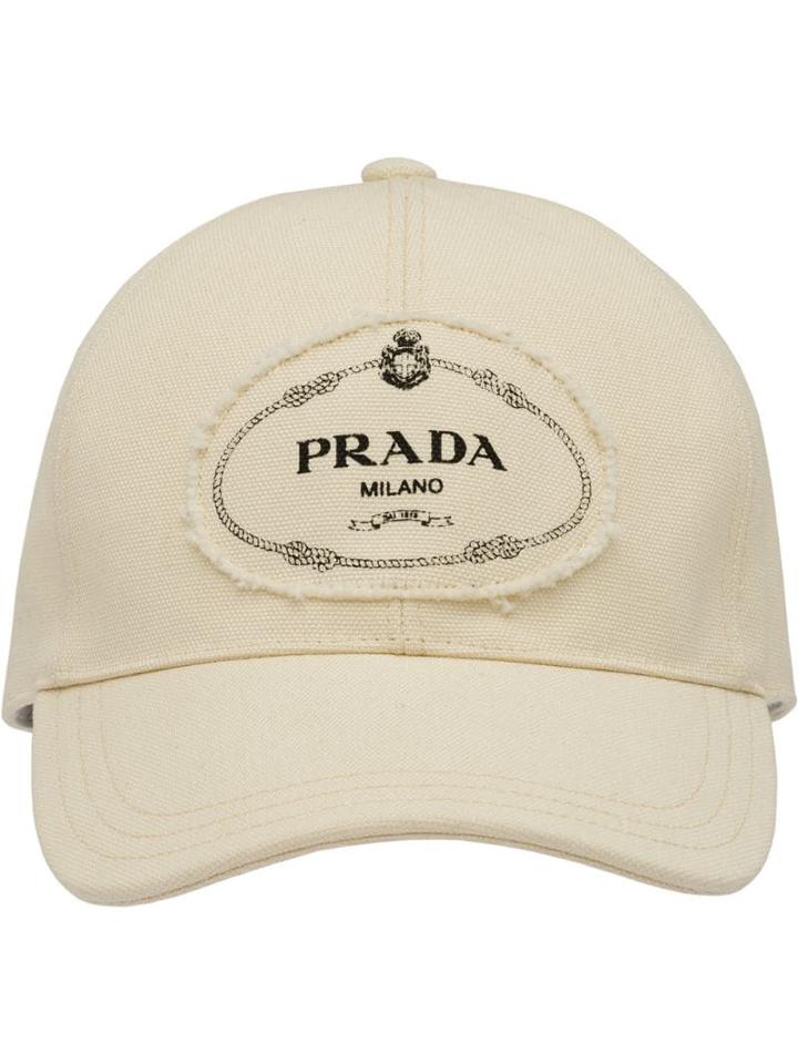 Prada Logo Print Applique Cotton Cap - White