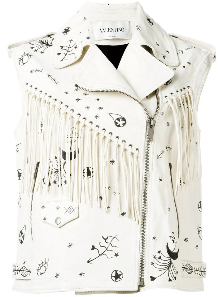Valentino Fringed Sleeveless Biker Jacket, Women's, Size: 40, Nude/neutrals, Leather/cotton