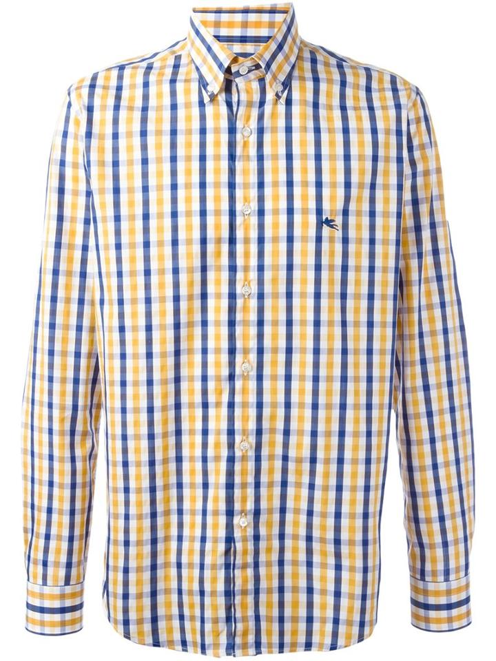 Etro Checked Button Down Shirt, Men's, Size: 43, Yellow/orange, Cotton/polyamide/spandex/elastane