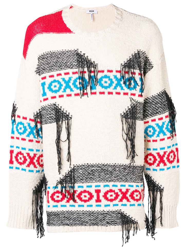 Msgm Fringed Intarsia-knit Sweater - White