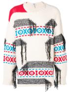 Msgm Fringed Intarsia-knit Sweater - White