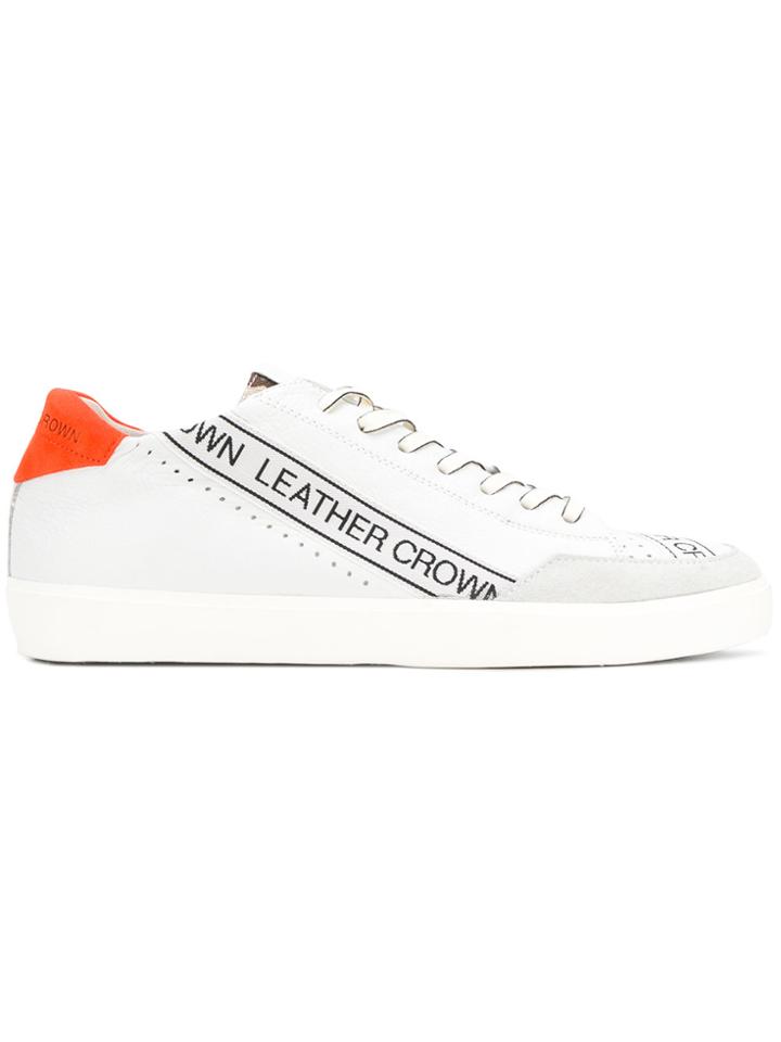 Leather Crown Logo Print Sneakers - White