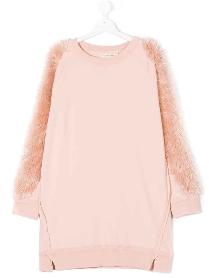 Andorine Fur Sleeved Sweat Dress - Pink & Purple