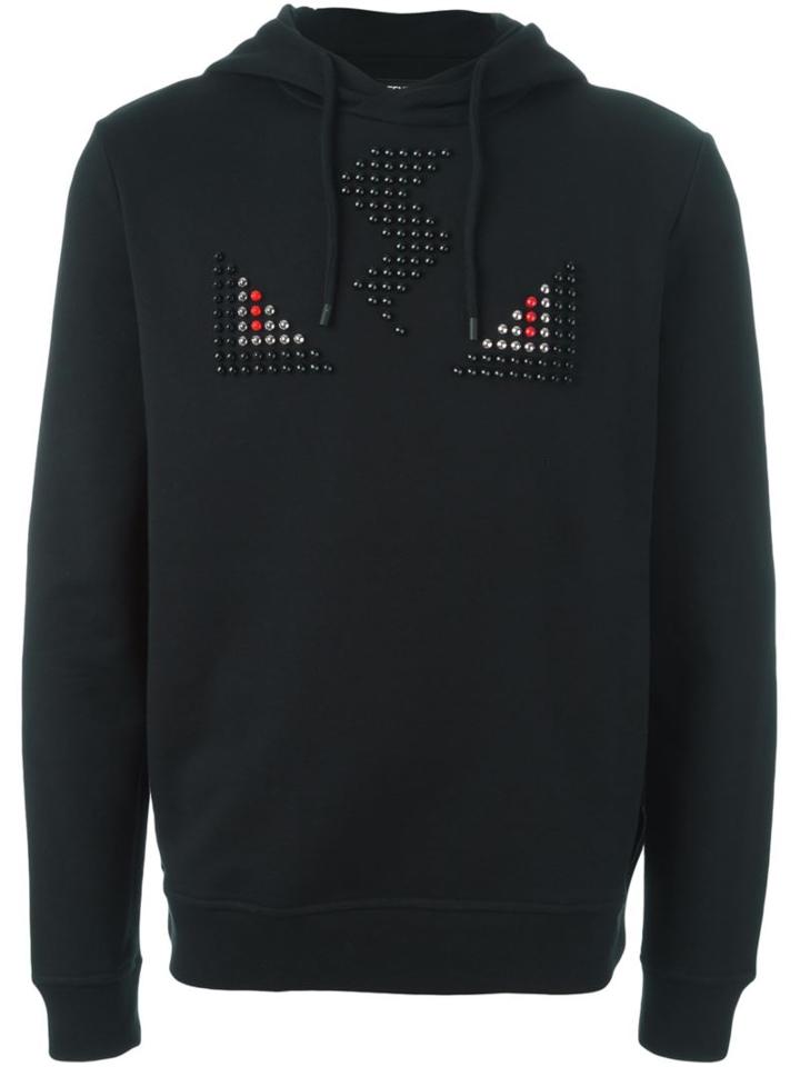 Fendi Bag Bugs Studded Hoodie, Men's, Size: 48, Black, Cotton/plastic