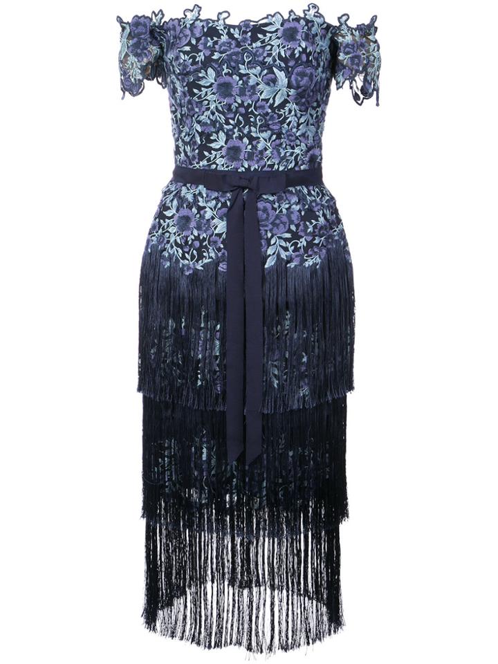 Marchesa Notte Off-the-shoulder Fringed Lace Dress - Blue