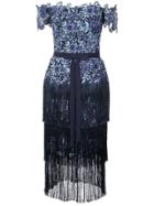 Marchesa Notte Off-the-shoulder Fringed Lace Dress - Blue