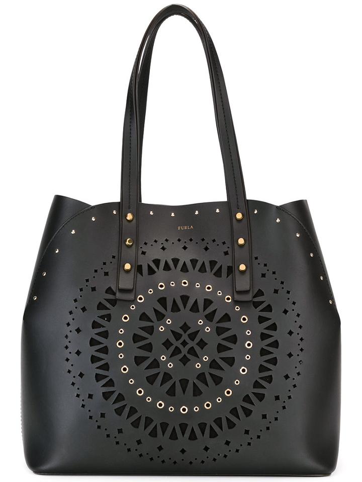 Furla Laser Cut Details Tote, Women's, Black, Leather