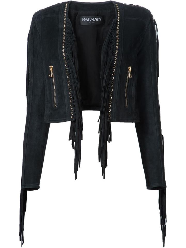 Balmain Fringed Cropped Jacket, Women's, Size: 36, Black, Cotton/lamb Skin/viscose