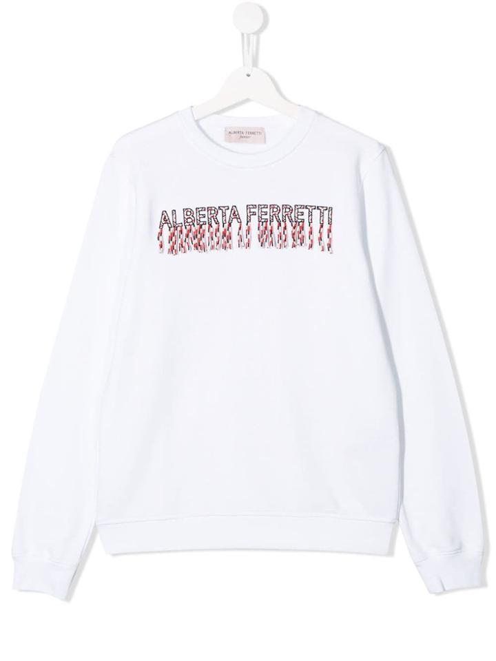 Alberta Ferretti Kids Teen Beaded Fringe Logo Sweatshirt - White