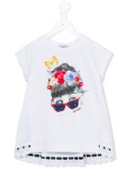 Monnalisa Embellished Sunglass Face Print T-shirt, Girl's, Size: 9 Yrs, White