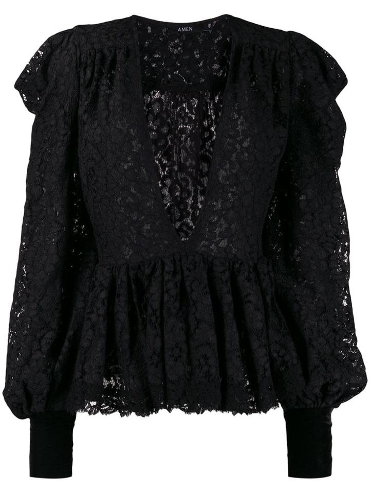 Amen Plunging Neck Lace Blouse - Black