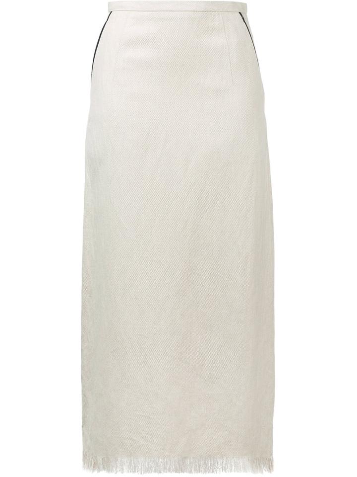 Cityshop - Fringed Straight Skirt - Women - Cotton/linen/flax - 36, Nude/neutrals, Cotton/linen/flax