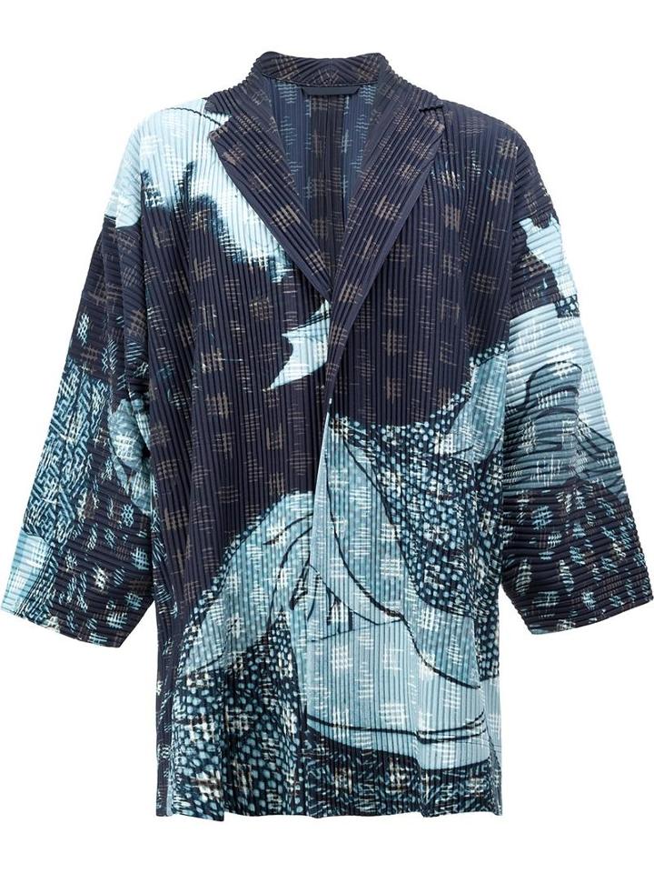 Homme Plissé Issey Miyake Abstract Print Open Jacket, Men's, Size: 3, Blue, Polyester