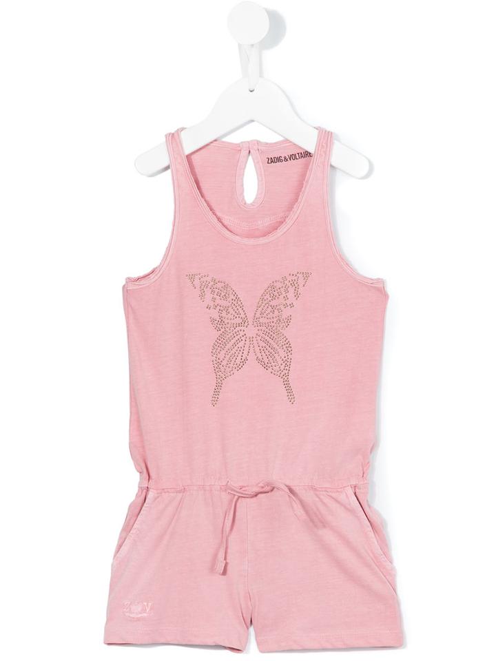 Zadig & Voltaire Kids - Rhinestone Butterfly Playsuit - Kids - Cotton - 10 Yrs, Pink/purple